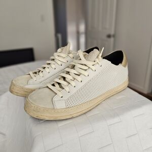 P448 John White Gold Perforated Leather Low Top Shoes Sneakers